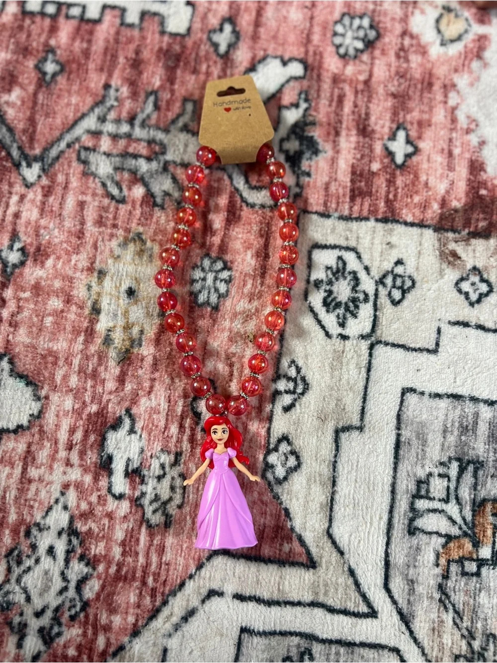 Handmade Kids Princess Beaded Necklace - Pink Pendant with Red Beads